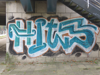 833331 Afbeelding van graffiti met de gestileerde tekst 'Hits', bij de trap aan de landzijde van de Balijebrug, bij de ...